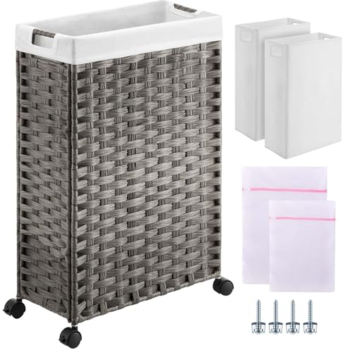 Image of Greenstell Laundry Hamper with Wheels, 11.9 Gallon (45L) Small Clothes Hamper with 2 Removable Liner Bags & 2 Mesh Bags, Slim Rattan Laundry Basket for Bathroom, Bedroom, Grey