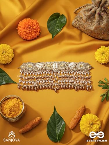 Image of SANJOYA BY EVERSTYLISH Beads, Glass Drops And Shells Hand Embroidered Choker Necklace Lightweight Jewelry For Women | Party, Festive, Wedding & Gifting