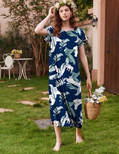 Image of Ekouaer Long Nightgown Women's Loungewear Short Sleeve Sleepwear Full Length Sleep Shirt with Pockets