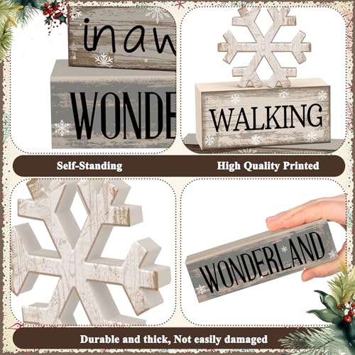 Image of Moucuny 4 Pcs Christmas Table Decorations Wooden Snowflake Decor Winter Tiered Tray Decor Rustic Snow Signs Block Gift Farmhouse Christmas Centerpiece for Wonderland Party Kitchen Shelf Home