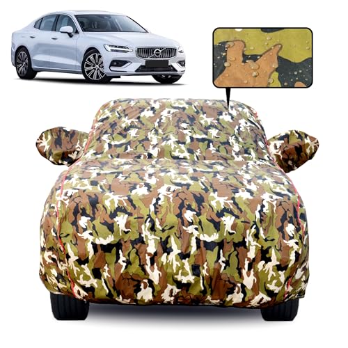 Image of 100% Waterproof Car Body Cover for Volvo S-60 with Mirror Pocket, Soft Cotton Lining, Triple Stitched, Full Bottom Elastic (Heat Resistant Jungle Print with Red Piping)