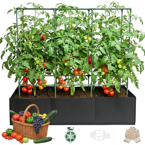 Tomaten Rankhilfe Metall Set - 115cm Hochbeet mit Rankgitter & 3 Fächer Pflanzsack für Tomaten - Verstellbare Pflanzenstütze für Gurken & Kletterpflanzen Garten & Balkon
