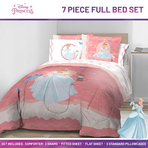Image of Disney Princess Full Size Comforter Set 7 Piece Kids Bedding, Pink | Cinderella, Bed in a Bag, Comforter Sheets Shams Pillowcases, Official Brand, Soft Microfiber, Machine Washable, Girls Gift