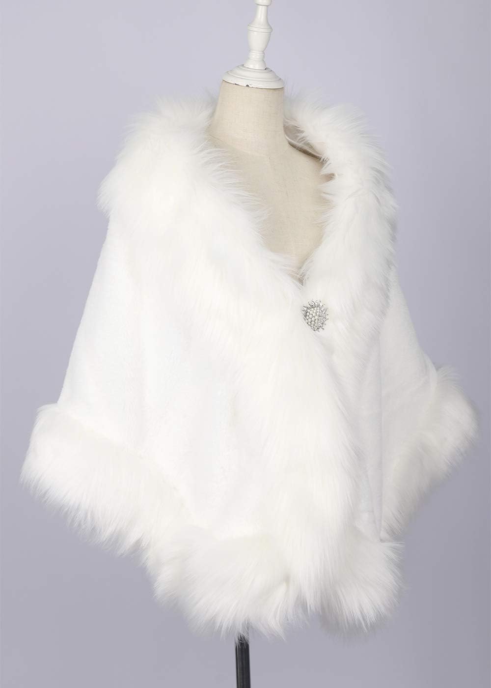 Bridal Faux Fur Wrap Wedding Fur Stole with Brooch Evening Party Warm Shrug Cape - Image 5