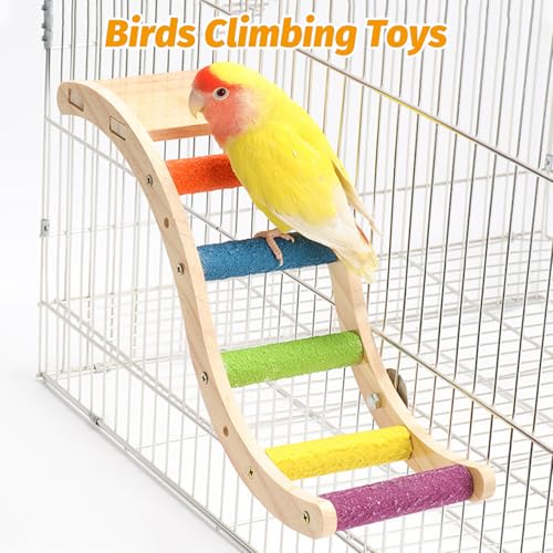 Image of Hamiledyi Nature Wooden Bird Ladder Pet Parrots Climb Bridge Exercise Stands for Parakeet Climbing Chewing Bridge Bird Cage Accessories for Cockatiel Parakeet Lovebirds Budgie (Colorful)