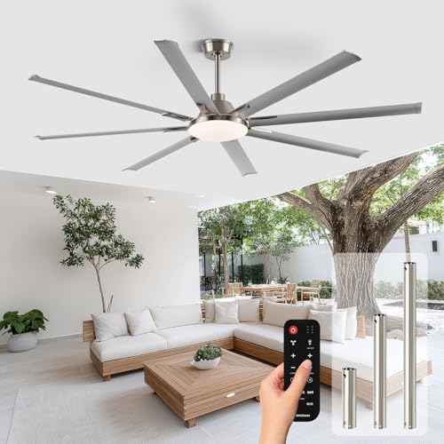 Conciseer Modern Ceiling Fans with Lights, 84 Inch Ceiling Fan with Light and Remote,Living Room Library Cafe Outdoor/Industrial, 3CCT 8 Aluminum Blades 6 Speed Reversible Quiet DC Motor, Sand-nickel