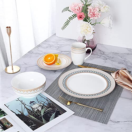 Fanquare 16-Piece Porcelain Kitchen Dinnerware With Mug, Service For 4, Grey Fish Scale Pattern Plates, Bowls, Brown Dinner Set #TOP3