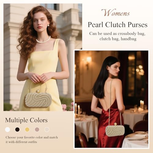 Image of YYW Womens Pearl Clutch Purse Evening Handbags Beaded Bag for Wedding Bride Party with Chain