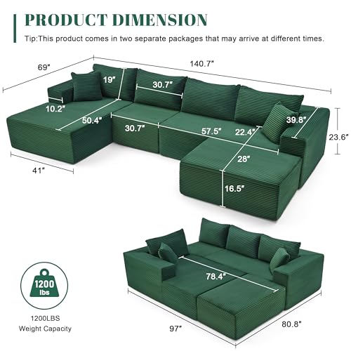 Image of Mangodan 140 inch Cloud Sectional Couch, Modular Sectional Sofa with Deep Seat, Boneless Sofa for Living Room, Fluffy Comfy U-Shaped Couch with Left Facing Chaise, No Assembly Required, Green
