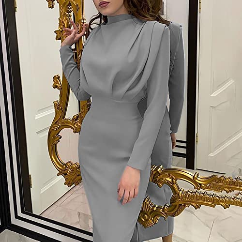 Sgasy Elegant High Neck Ruched Slim Fit Long Dresses For Women Long Sleeve High Waist Stretch Full Dress Gray #TOP1