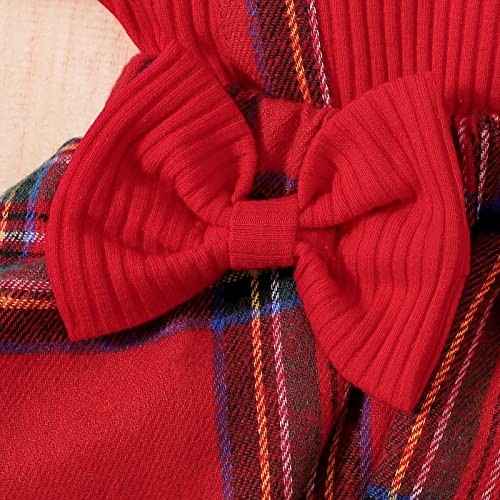 Hnyenmcko Newborn Baby Girl Christmas Clothes Infant Red Plaid Romper Dress Ruffle Long Sleeve Ribbed Bodysuit Headband Set4