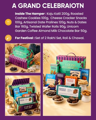 Image of HyperFoods Rakhi Gift Hamper for Brother A Grand Celebration Box Rakhi with Kaju Katli, Chocolate, Wafer Rolls, Nuts & Date Bar,Cookies, cheese cracker snacks Dragees Sweets Gift Pack Chocolate Gift Pack