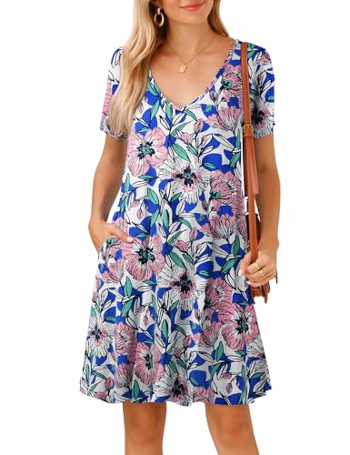 Image of JollieLovin Women T Shirt Plus Size Summer Swing Dresses Short Sleeve V Neck Loose Casual Dress(L-5X)