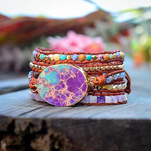 Teepollo Boho Bracelets For Women -Mother’s Day Wrap Bracelets Gift- Bead Crystal Jasper Natural Healing Stone Wrap Bracelet With Bohemian Strand Leather For Teen Girls #TOP4