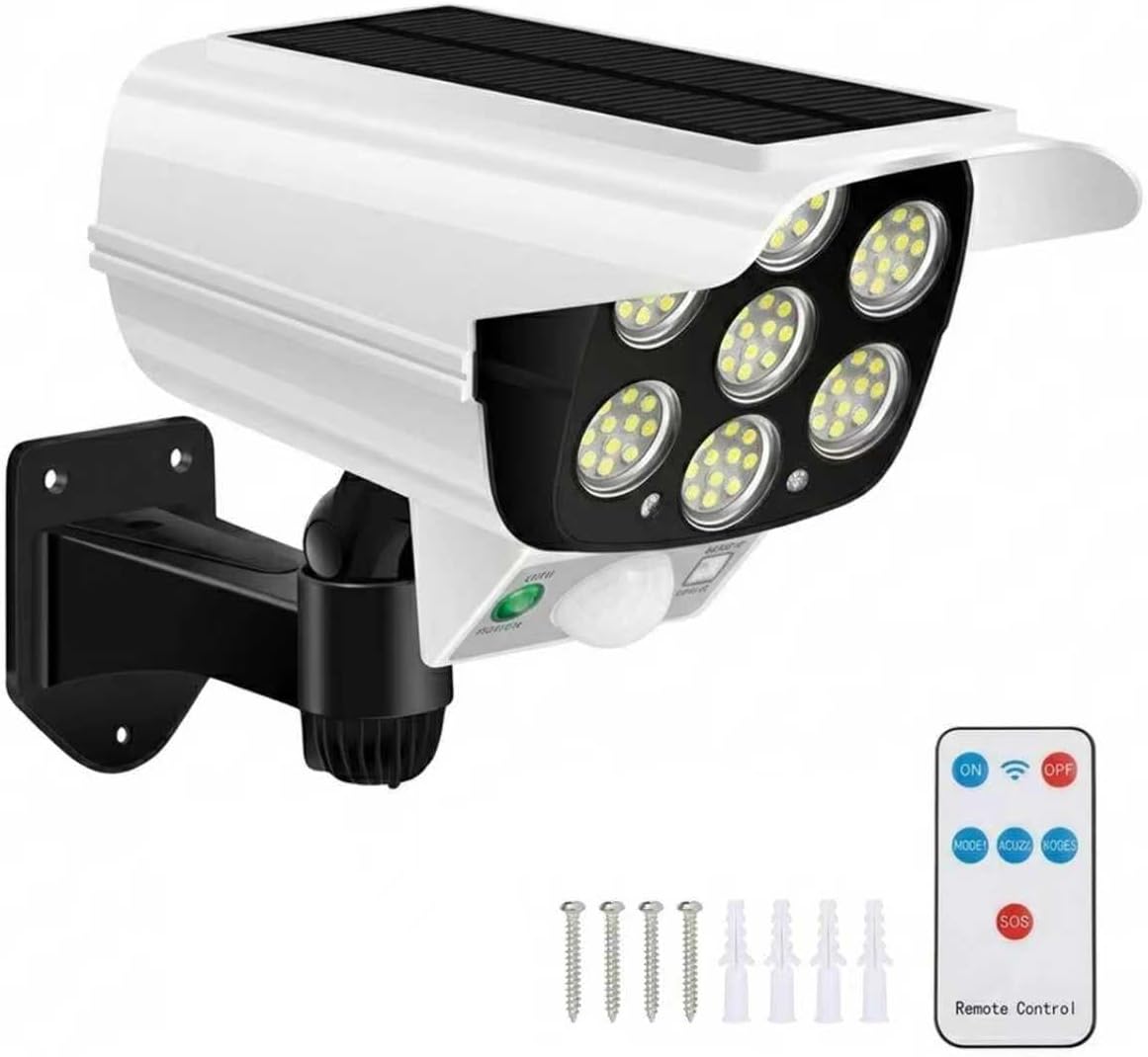 Solar Security Flood Lights Outdoor Solar Motion Sensor Wall Lights 77 LEDs 2000 LM Dummy Fake Camera Spotlights with Remote IP66 Waterproof for Patio Proch Driveway Garage, 2 Pack