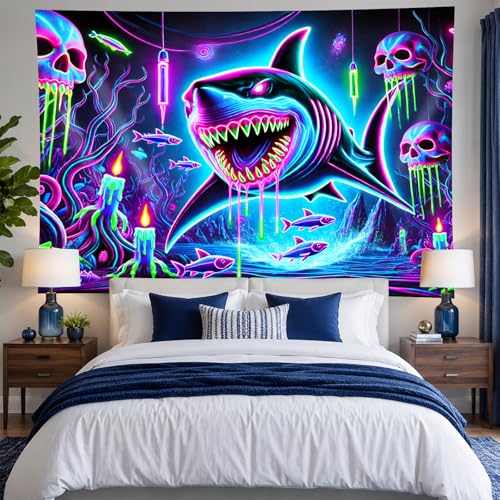 Image of BlissYard Blacklight Tapestry 78x59 Inch Neon Shark Glow in the Dark Wall Hanging Trippy Underwater Skull Scene UV Reactive Black Light Tapestry for Bedroom Party Dorm Decoration