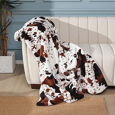 Soft Cow Print Blanket, Reversible Warm Fleece Blanket Black and White fluffy throw for Bed, Couch and Sofa (50*60", Coffee) Cover