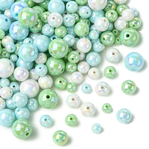 Ipotkitt Approx 320pcs Random Ocean Themed Acrylic Round Beads Chunky Plastic Ball Beads Iridescent Loose Beads for DIY Craft Bracelet Jewellery Making