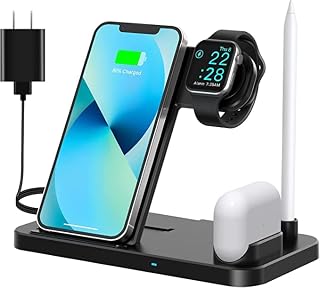 4 in 1 Wireless Charger, Apple Watch, AirPods, Pencil, iPhone Charging Dock Station,Nightstand Mode for iWatch All Series, iPhone 13/12/11/ Pro Max/XR/XS Max/Xs/X/8, Samsung All models, Qi-Certified