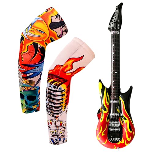 Bojueshaw 3pcs Inflatable Rock Guitar and Unique Tattoo Sleeves Are Ideal Choices for Stage Props,Parent-Child Games,and Party Events