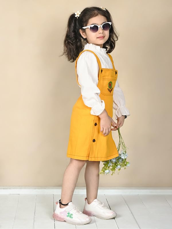 Image of superminis Girls Twill Denim Solid Color Dungree /Dress With Embroidered Pocket (1 Dress,1 Tee)