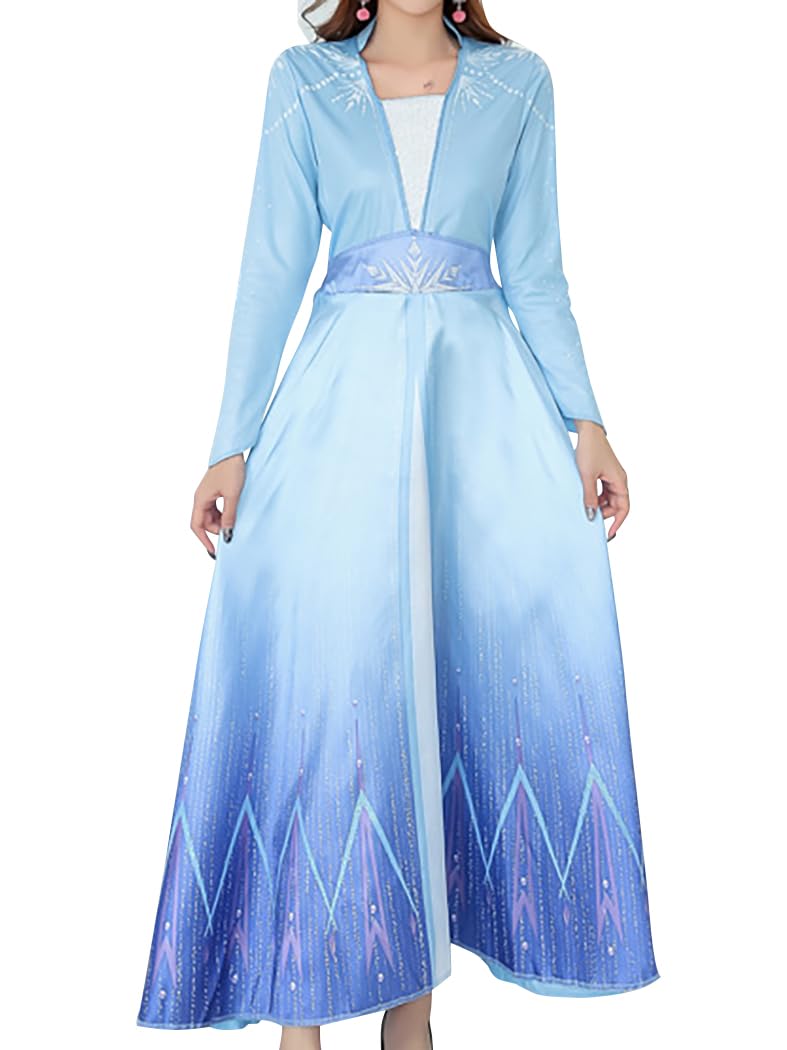 Robe Princesse Elsa Reine des Neiges Femme Adulte Manche Longue Traîne Paillettes Halloween Noël