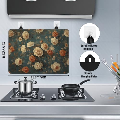 Image of Vintage Rose Flower Glass Top Stove Cover Protector,Retro Floral Heat Resistant Stove Top Cover, Large Size Range Covers for Electric Stove Countertop Mat, 28 x 20 Inch