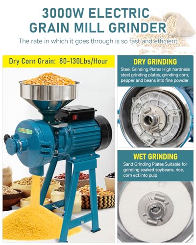 Image of NAIZEA Electric Grain Mill Grinder, 3000W Wet & Dry Corn Mill Grinders,Commercial Flour Mill Machine with Funnel, Feed Grinders for Corn, Wheat, Rice, Coffee, Cereals(Wet Dry Grinder)