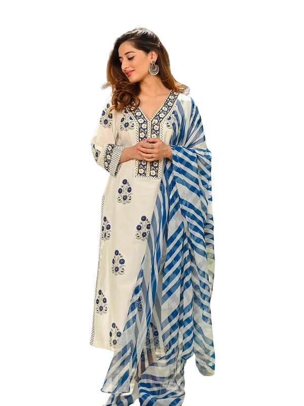Pinkmint Women's Kurta Set L Cotton Blend V Neck Printed Stright Kurta & Bottom With Stylish Dupatta Set (Pack Of 1)