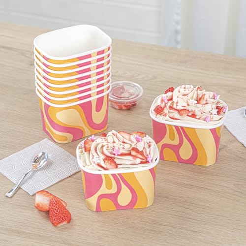 Image of Restaurantware Paper Cups 200 Count 12 Ounce Square Disposable Ice Cream Containers, Leak-Resistant Paper Dessert To Go Cups, Hot And Cold Food, Durable Tropical Twist Design, Lids Sold Separately