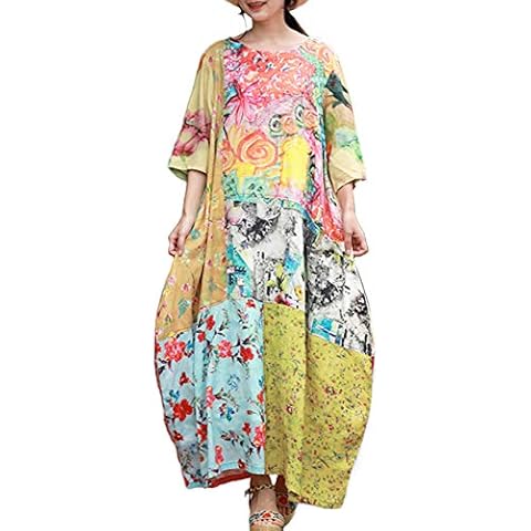 LZJN Women's Casual Half Sleeve Patchwork Floral Print Long Dress (L) Cover