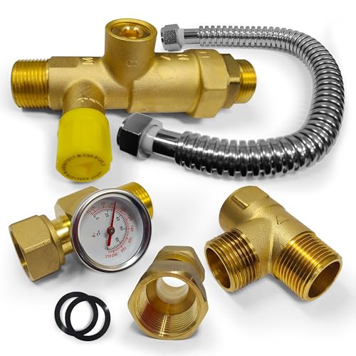 3/4 Inch Tank Booster Water Heater Thermostatic Mixing Valve with Corrugated Hose and temperature...