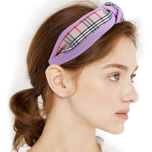 Eightown Plaid Top Knotted Headband For Women - 6 Pack Designer Hair Bands For Girls - Non-Slip Lattice Splicing Hair Hoops For Hair (Purple Etc. 6 Colors) #TOP4