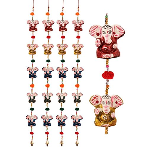 Handicrafts Paradise Men's Door Hanging Set of 4 Pc of 5 Paper Machie Ganesh with Pumpum Standard 5 Ganesh & pumpum