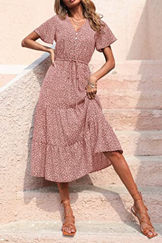 Prettygarden Women's Floral Boho Dress Casual Short Sleeve V Neck Ruffle Tiered 2023 Summer Swing Maxi Dresses(Brick Red Floral,Medium) #TOP1