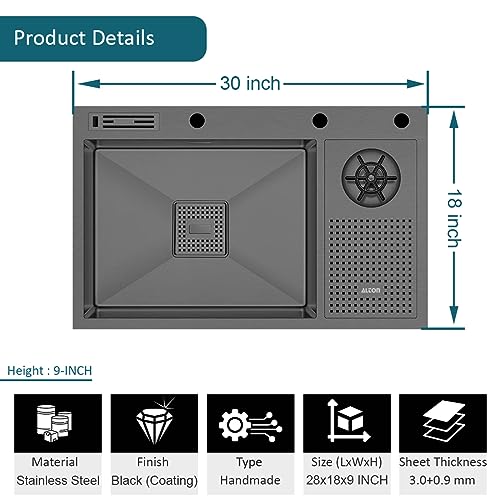 Image of ALTON HMS25065, 28x18x9 INCH, Single Bowl Handmade Kitchen Sink With Glass Rinser, Knife Box, and Basket, Balck