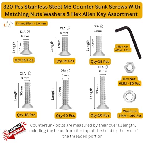 Image of Epi-Torque Stainless Steel 202 Grade Counter Sunk Flat Head Allen Key Bolt M6 Assortment With Matching Nuts, Washer & Allen Key Pack Of 320 Pcs