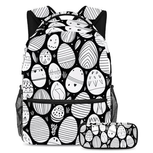 Cartable œufs de Pâques noir et blanc avec trousse scolaire pour ado