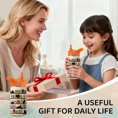 Image of Bookshelf Water Bottle for Son & Daughter, Stainless Steel Insulated Tumbler with Straw Lid and Handle, 12oz Reusable Leak-Proof Bottle for Sports