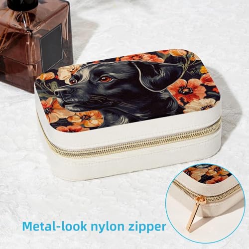 Boîte à bijoux portable chien et fleurs noires pour bagues et colliers