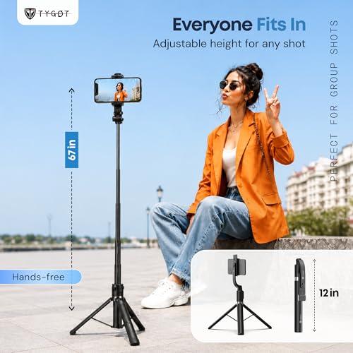 Image of Tygot T-185 Selfie Stick 68 inch (172 cm) for Mobile with Tripod Stand, Detachable Bluetooth Remote, 360 Rotating Head, Adjustable Phone Holder, Extendable Selfie Stick for Photography & Vlogging