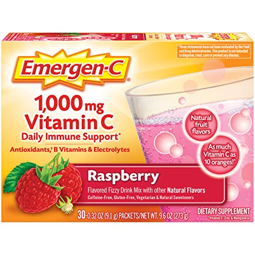 Emergen-C (30 Count, Raspberry Flavor, 1 Month Supply) Dietary Supplement Fizzy Drink Mix with 1000mg Vitamin C, 0.32 Ounce Packets, Caffeine Free