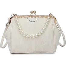 Kiss Lock Handbag Pearl Purse for Women Vintage Crossbody Shoulder Bag Elegant Top Handle Clutch with Removable Pearl Handle