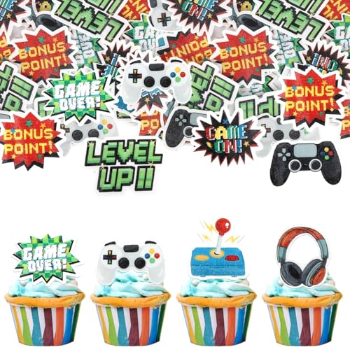 56 Stück Essbare Videospiel Tortendeko Waffelpapier Gaming Geburtstag Kuche Deko Videospiel Cupcake Toppers für Baby Dusche Jungen Geburtstag Party Kuchen Dekoration