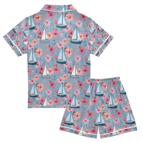 senya Anchor Sailboat Shellfish Flower Satin Summer Pajama Sets Silk Short Sleeve Button Down Sleepwear2