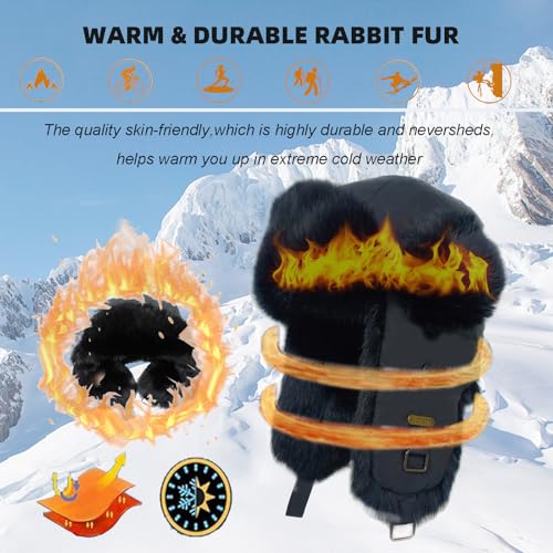 Image of Winter Trapper Hat for Men Women Warm Soft Russian Ushanka Hat Real Rabbit Fur Aviator Bomber Hats Winter Hats with Ear Flaps