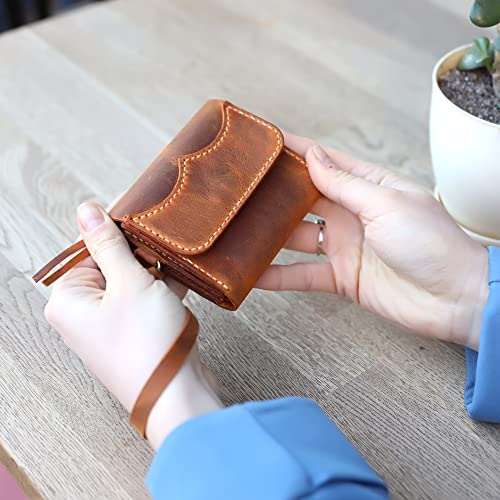 Handmade Wristlet Wallets For Women, Minimalist Card Holder, Small Minimalist Womens, Cute Coin Pouch, Floral Leather Credit Slim Wristlet, Bifold Purse Designer Zipper (Camel(Crazy Horse)) #TOP2