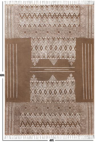 Casavani Cotton Rug Indian Hand Block Printed Brown Beige Area Rugs Bohemian Kilim Dhurrie Outdoor Garden Yoga Mat Abstract Brown Rug With Tassel Rug For Living Room 180X180 Cm (6X6 Feet Square) #TOP2