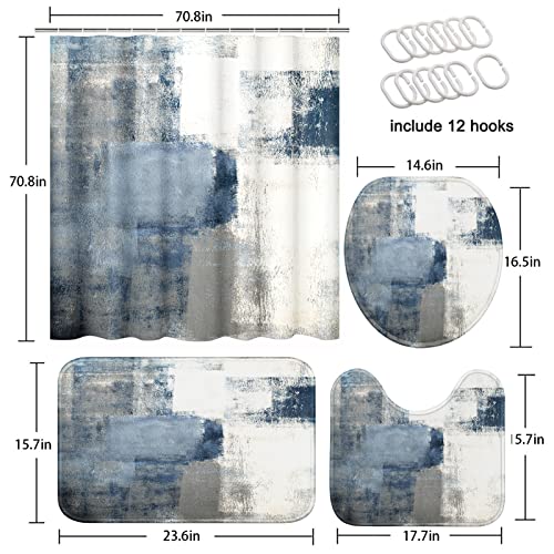 Artsocket 4 Pcs Shower Curtain Set Navy Blue Grey Abstract Painting Gray Vintage Retro With Non-Slip Rugs Toilet Lid Cover And Bath Mat Bathroom Decor Set 72" X 72" #TOP4
