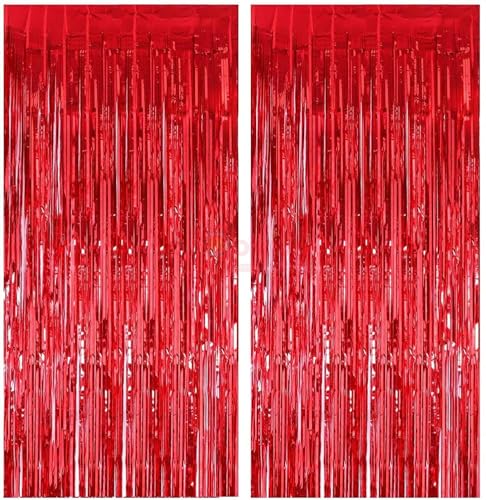 Image of ARCK Plus red Foil Curtain for Decoration - 2 Pcs (3ftx6ft) Curtain for Birthday Decoration | Fringe Curtains for Decoration | red Foil Curtains for Birthday Decoration | Foil Fringe Curtain